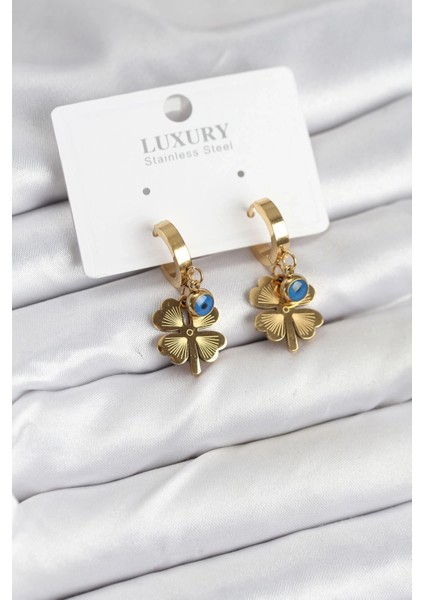 316L Çelik Nazarlı Yonca Model Kadın Küpe