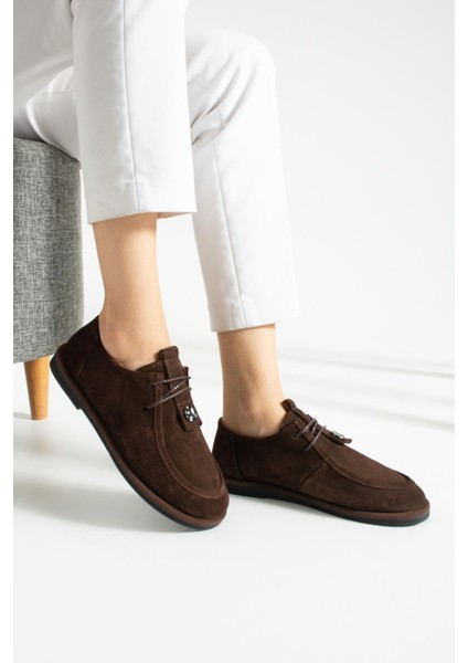 Hakiki Deri Gold Ayarlanabilir Toka Detaylı Kadın Loafer Kahve Süet