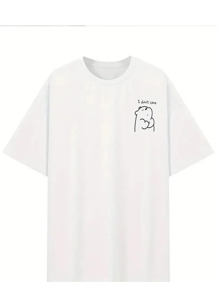 [günlük T-Shirt] Hafif Kadın Günlük T-Shirt | Bol Kesim, Kısa Kollu, Yuvarlak Yaka, Eğlenceli Karikatür Ayı ve "umrumda Değil" Baskı - Günlük Stil, Ilkbahar/yaz- Beyaz modelleri