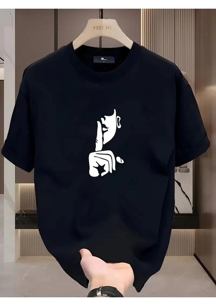 Rahat Bisiklet Yaka Tişört, Yaratıcı Karikatür Baskı - Yumuşak Polyester, Her Mevsim Giyilebilir- Siyah