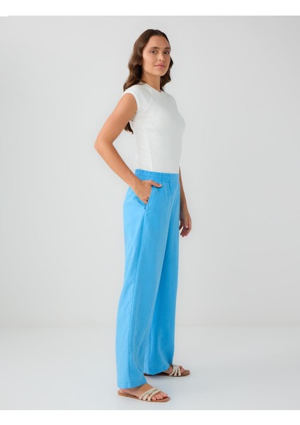 Mavi Normal Paça Beli Lastikli Dokuma Pantolon modelleri