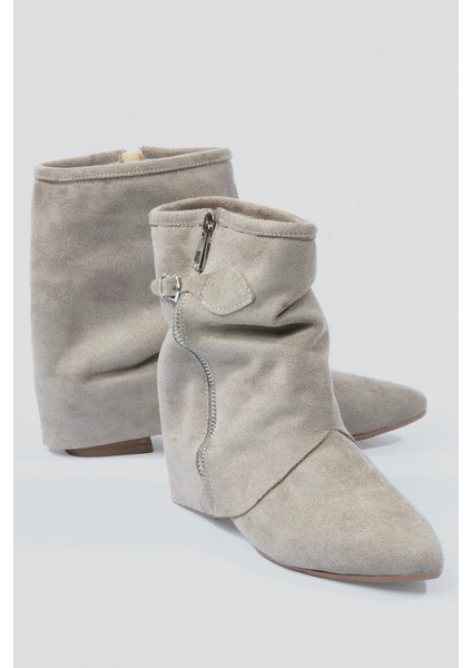 Kadın Süet Bot Fermuarlı Tokalı Vizon Armela