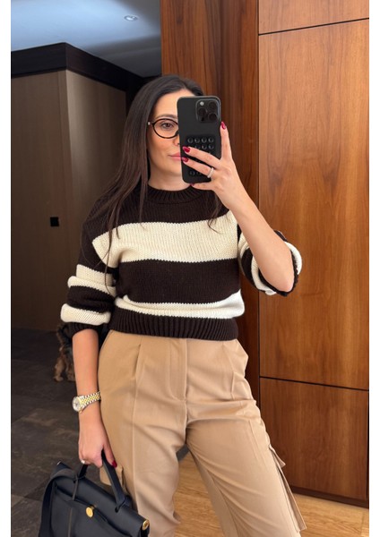 Orj Marka Çizgili Triko Kazak- Kahverengi