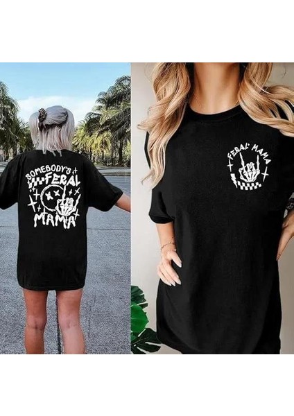 Kadın Bisiklet Yaka Baskılı T-Shirt - Siyah fiyatları