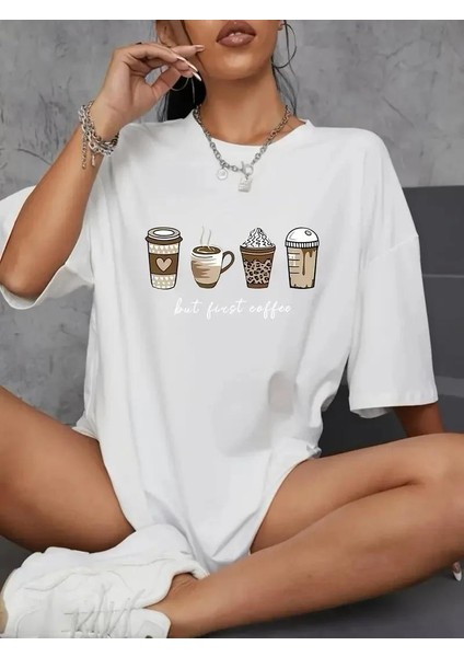 20/1 Penye Compack Baskılı Oversize Kahve Desenli Kadın Kısa Kol T-Shirt - Beyaz