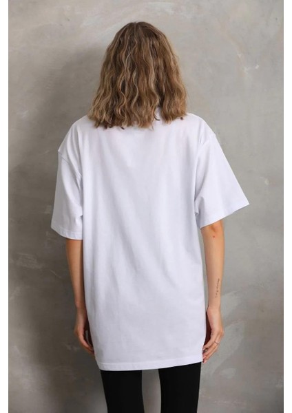 Unisex Taş Desenli Oversize T-Shirt - Beyaz fiyatları