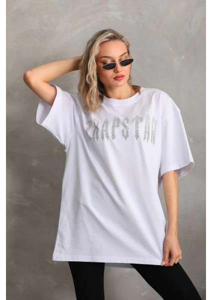 Unisex Taş Desenli Oversize T-Shirt - Beyaz fırsatları
