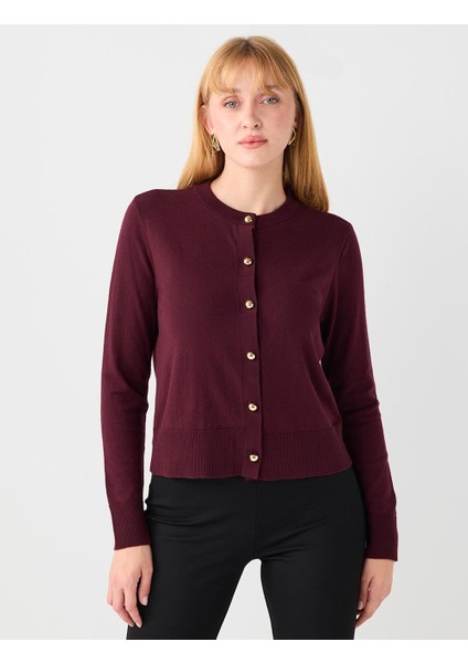 Bordo Parlak Düğme Detaylı Yuvarlak Yaka Triko Hırka