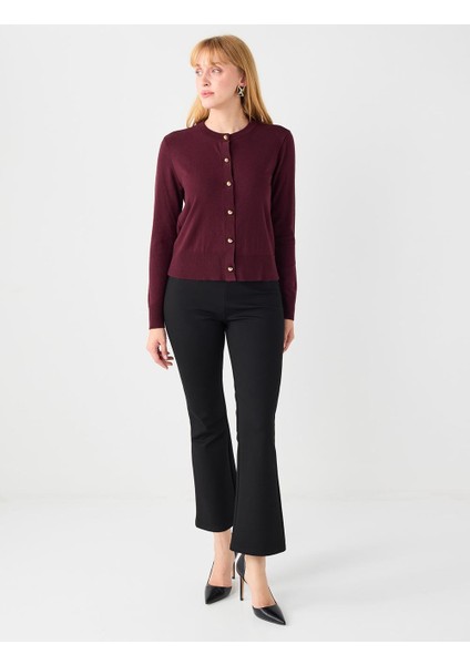 Bordo Parlak Düğme Detaylı Yuvarlak Yaka Triko Hırka fiyatları
