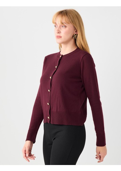 Bordo Parlak Düğme Detaylı Yuvarlak Yaka Triko Hırka modelleri