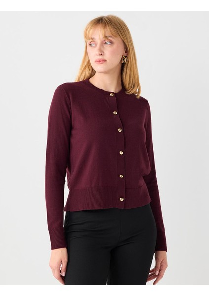 Bordo Parlak Düğme Detaylı Yuvarlak Yaka Triko Hırka fırsatları