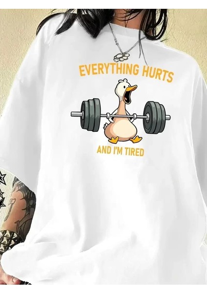 Ördek Baskılı ve Yuvarlak Yakalı Kadın Günlük Büyük Boy Siyah Tişört. - Beyaz