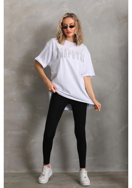 Unisex Taş Desenli Oversize T-Shirt - Beyaz indirimleri