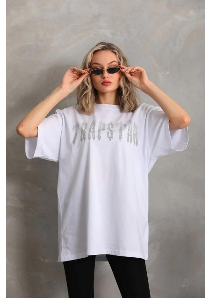 Unisex Taş Desenli Oversize T-Shirt - Beyaz