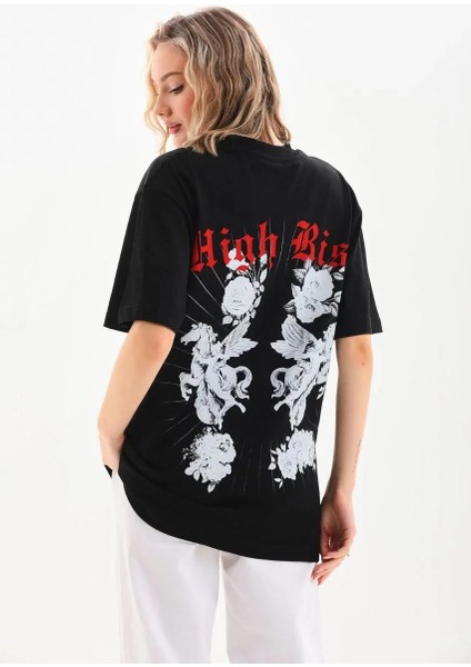Unisex Baskılı Oversize T-Shirt - Siyah