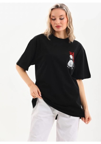 Unisex Baskılı Oversize T-Shirt - Siyah fırsatları