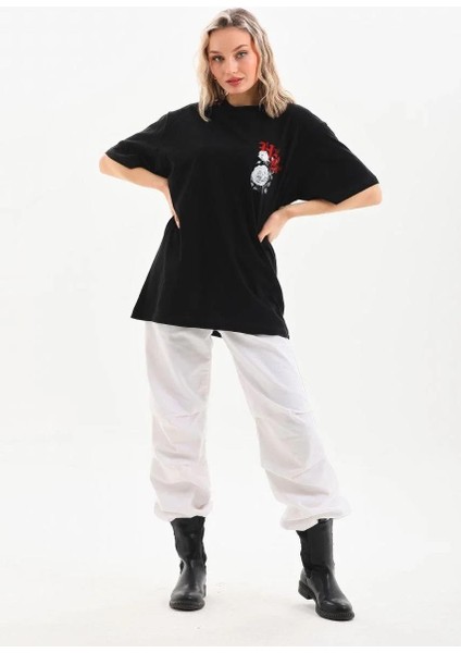 Unisex Baskılı Oversize T-Shirt - Siyah