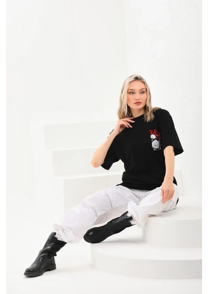 Unisex Baskılı Oversize T-Shirt - Siyah