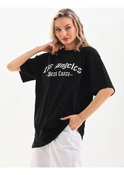 Unisex Baskılı Oversize T-Shirt - Siyah modelleri