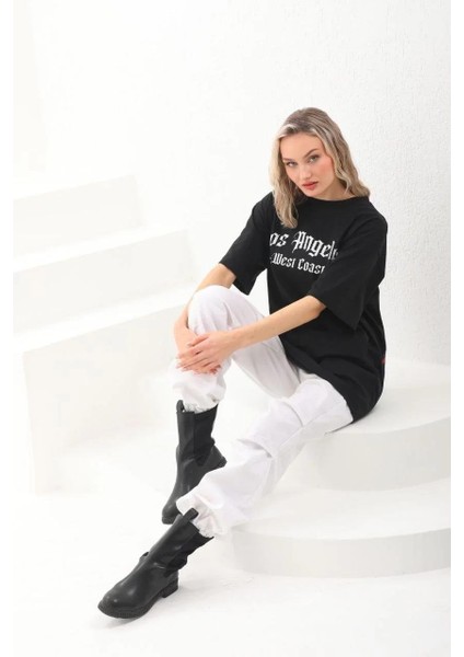 Unisex Baskılı Oversize T-Shirt - Siyah indirimleri
