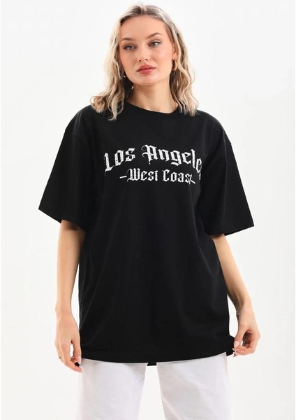 Unisex Baskılı Oversize T-Shirt - Siyah