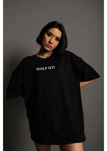 Kadın Oversize Baskılı Tişört – Golf Gtı Retro Araba Desenli, Ön & Arka Dijital Baskı, Sokak Modası Stil - Siyah modelleri