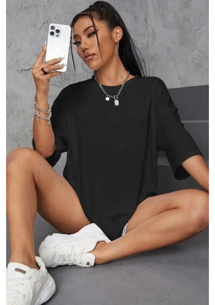 Unisex Baskılı Oversize T-Shirt - Siyah