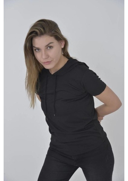 Kadın Kapşonlu Slim Fit T-Shirt - Siyah fiyatları