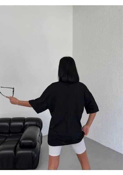 Unisex Bisiklet Yaka Baskılı Oversize T-Shirt - Siyah fiyatları