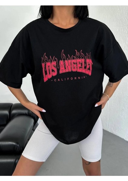 Unisex Bisiklet Yaka Baskılı Oversize T-Shirt - Siyah fırsatları