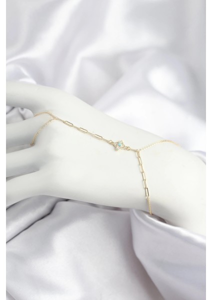 Pirinç Zirkon Taşlı Mavi Boncuklu Yonca Model Gold Renk Şahmeran