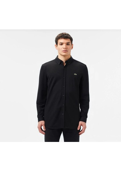 Siyah Slim Fit Düğmeli Yaka Gömlek