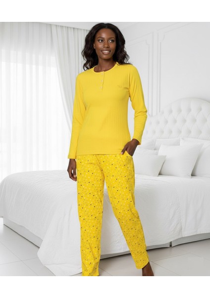Kadın Sarı Çiçek Desenli Mevsimlik Pamuklu Penye Uzun Kol Cepli Pijama Takımı-Slim Fit Dar Kalıp indirimleri