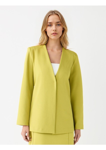 Yağ Yeşili Rahat Kesim Uzun Kollu Gizli Düğmeli Örme Ceket