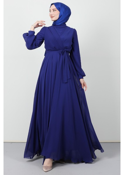 Önü Çapraz Şifon Elbise Gece Mavi