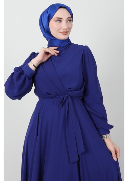 Önü Çapraz Şifon Elbise Gece Mavi indirimleri