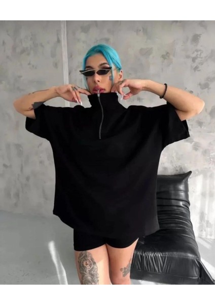Unisex Yarım Fermuarlı Düz Oversize T-Shirt - Siyah fiyatları