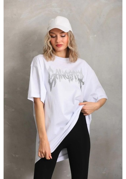 Unisex Taş Desenli Oversize T-Shirt - Beyaz
