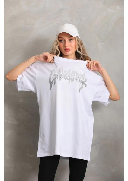 Unisex Taş Desenli Oversize T-Shirt - Beyaz modelleri