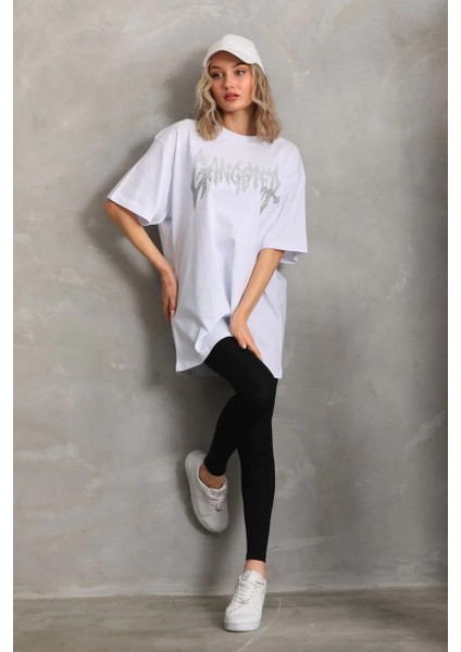 Unisex Taş Desenli Oversize T-Shirt - Beyaz indirimleri