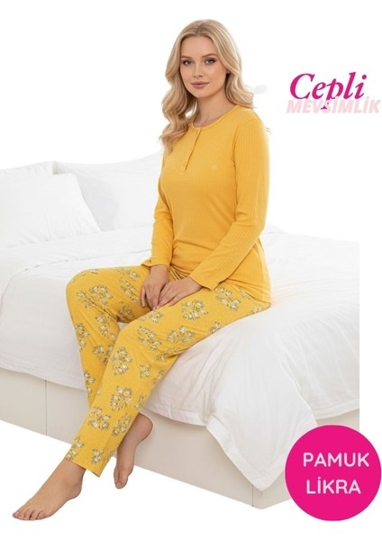 Kadın Sarı Çiçek Desen Mevsimlik Pamuklu Penye Uzun Kol Cepli Pijama Takımı-Slim Fit Dar Kalıp