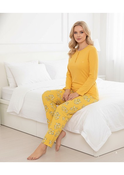 Kadın Sarı Çiçek Desen Mevsimlik Pamuklu Penye Uzun Kol Cepli Pijama Takımı-Slim Fit Dar Kalıp
