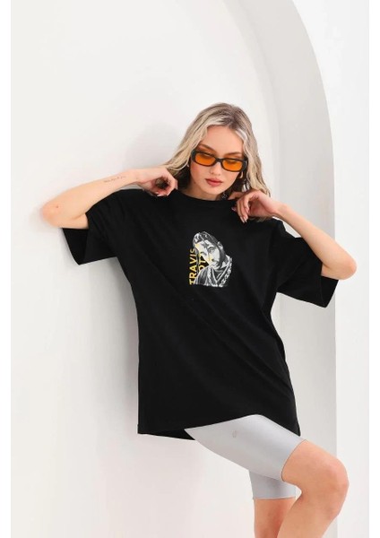 Unisex Baskılı Oversize T-Shirt - Siyah fırsatları