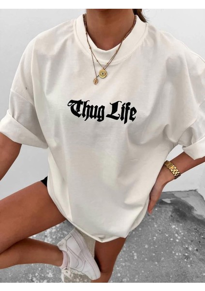 Unisex Bisiklet Yaka Baskılı Oversize T-Shirt - Beyaz