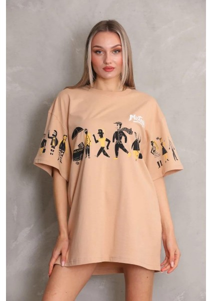 Unisex Bisiklet Yaka Baskılı Oversize T-Shirt - Bej fiyatları