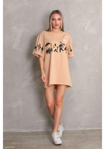 Unisex Bisiklet Yaka Baskılı Oversize T-Shirt - Bej modelleri