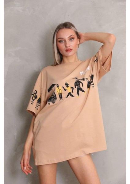 Unisex Bisiklet Yaka Baskılı Oversize T-Shirt - Bej fırsatları