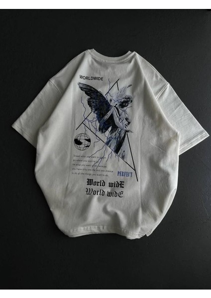 Unisex Bisiklet Yaka Baskılı Oversize T-Shirt - Beyaz fiyatları