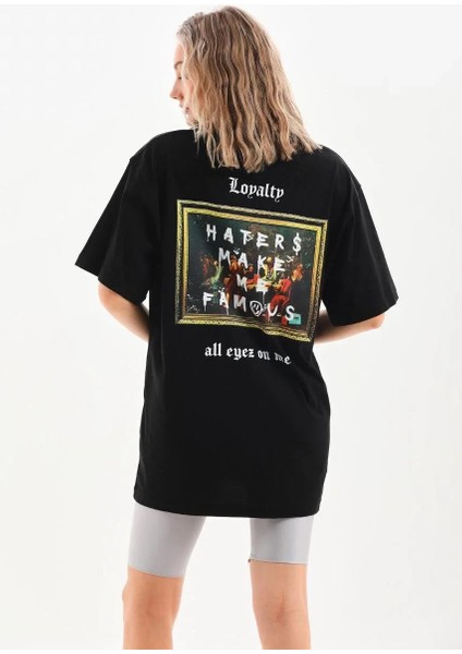 Unisex Baskılı Oversize T-Shirt - Siyah indirimleri