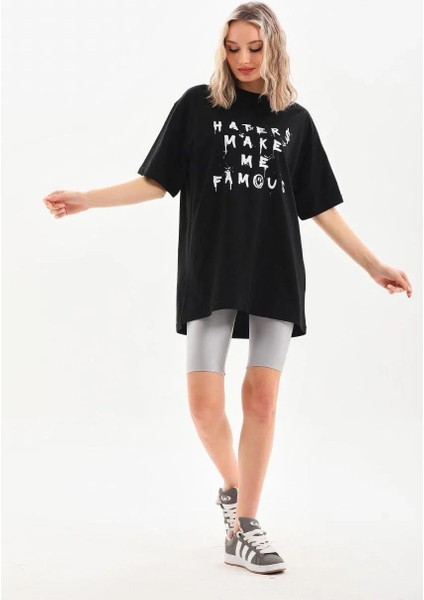 Unisex Baskılı Oversize T-Shirt - Siyah